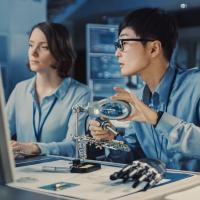 Two people working on technology-based hand under a magnifying glass.