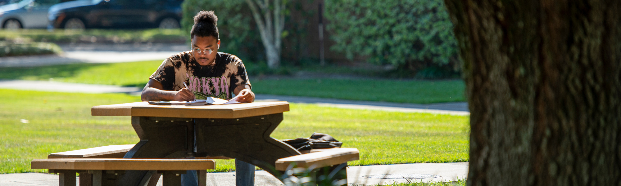 A student studying next to FPAC.